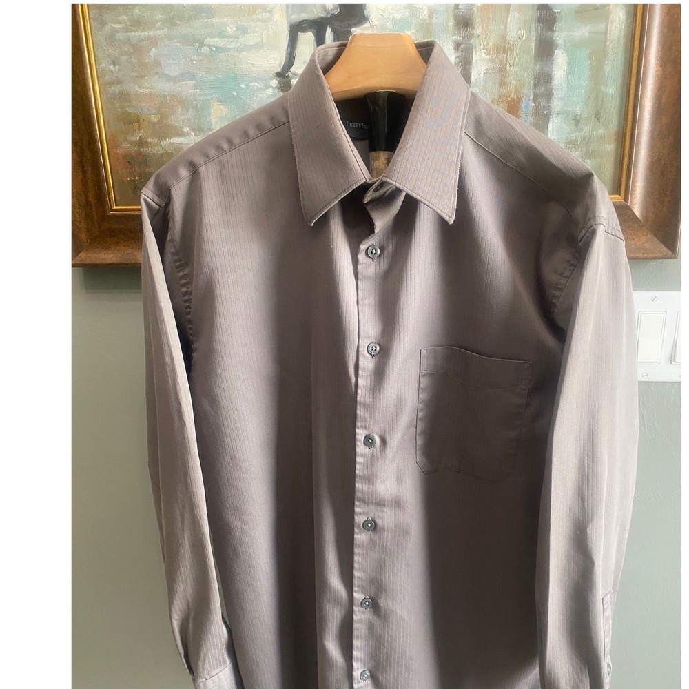 Perry Ellis Portfolio Mens Dress Shirt Medium 15.5 32/33 Taupe Wrinkle Free Long